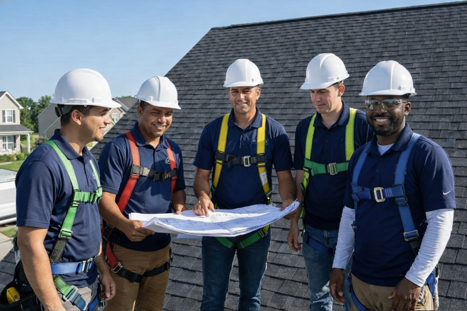 Assured Roofing crew reviewing blueprints on a rooftop